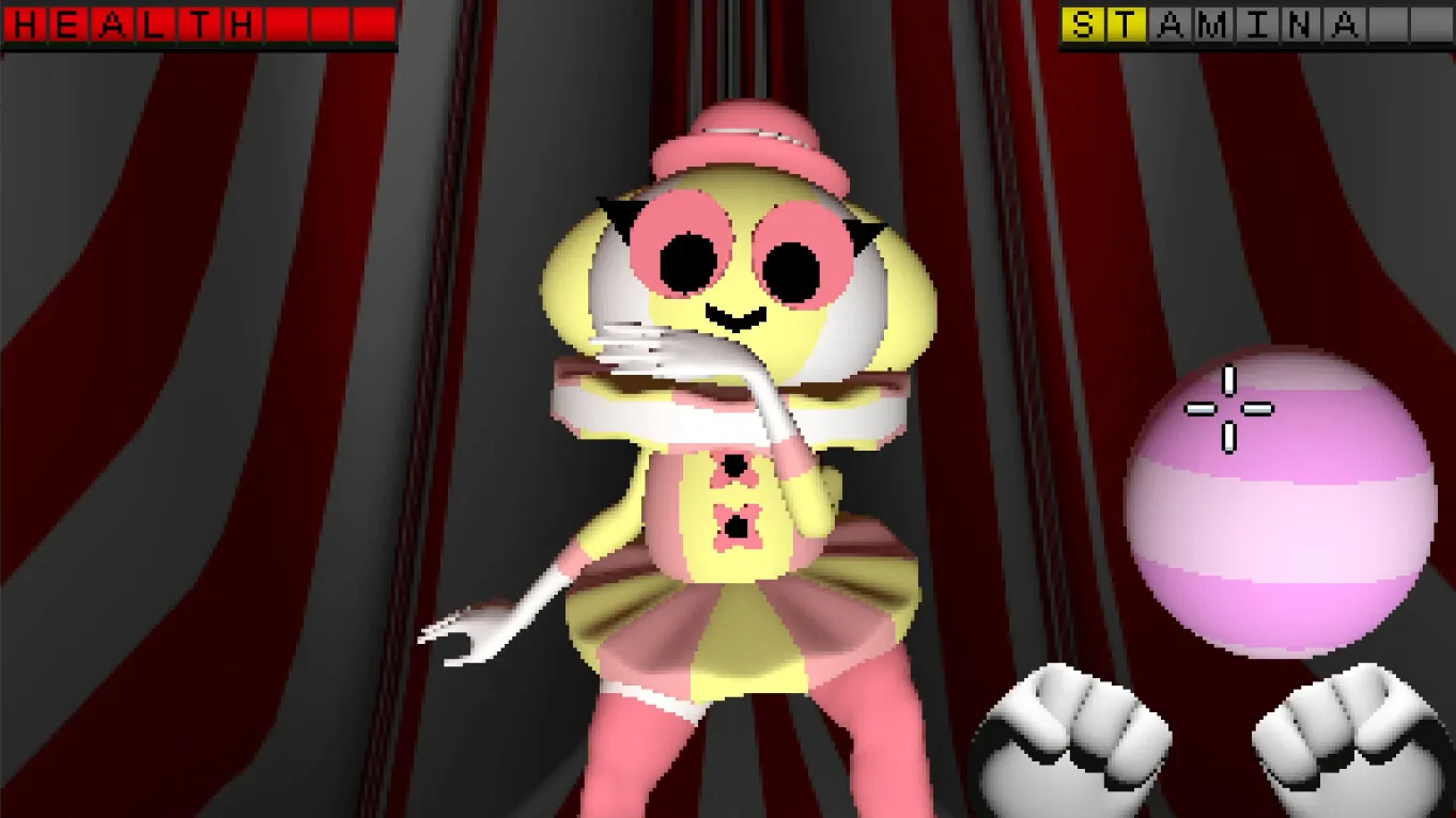 First-person combat with a pink clown character in Endacopia's carnival area
