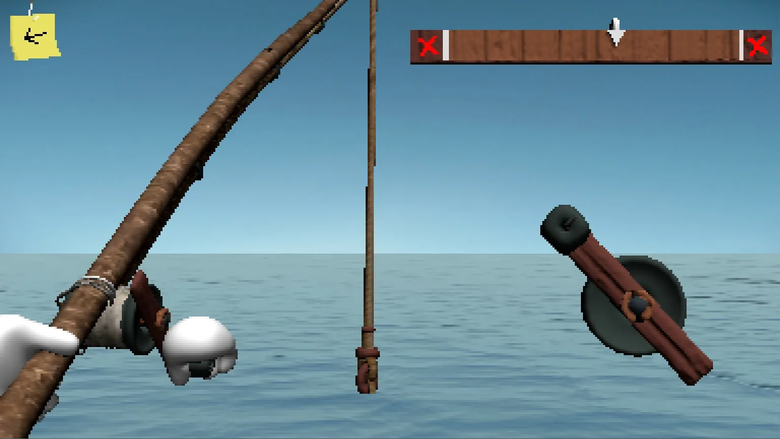 Endacopia fishing minigame with Mellow holding a rod and the reel visible on the right