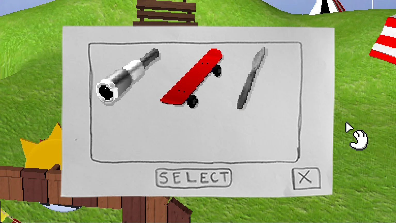 Endacopia item selection showing a flashlight, red saw and scalpel